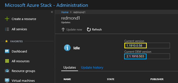 Screenshot of Azure Stack Hub administration portal showing current versions