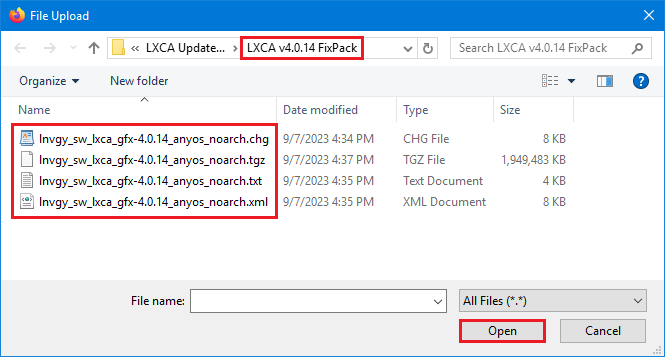 Selecting LXCA FixPack files