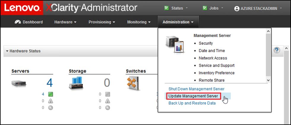 Screenshot of Menú Administración > Actualizar servidor de gestión