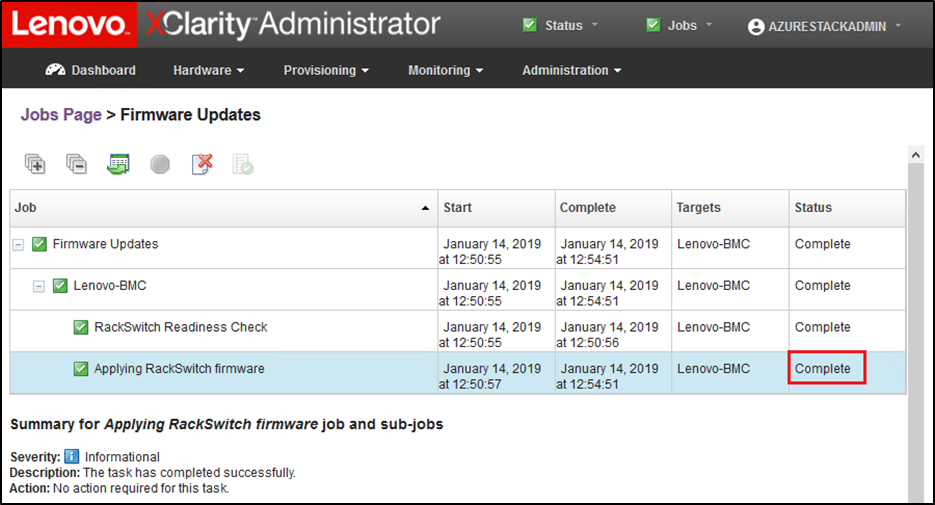 Screenshots of BMC update progress on Jobs Page