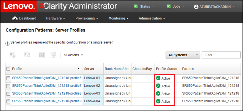 Screenshot of server profiles with Active status