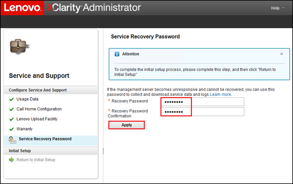 Screenshot of the Service Recovery Password page