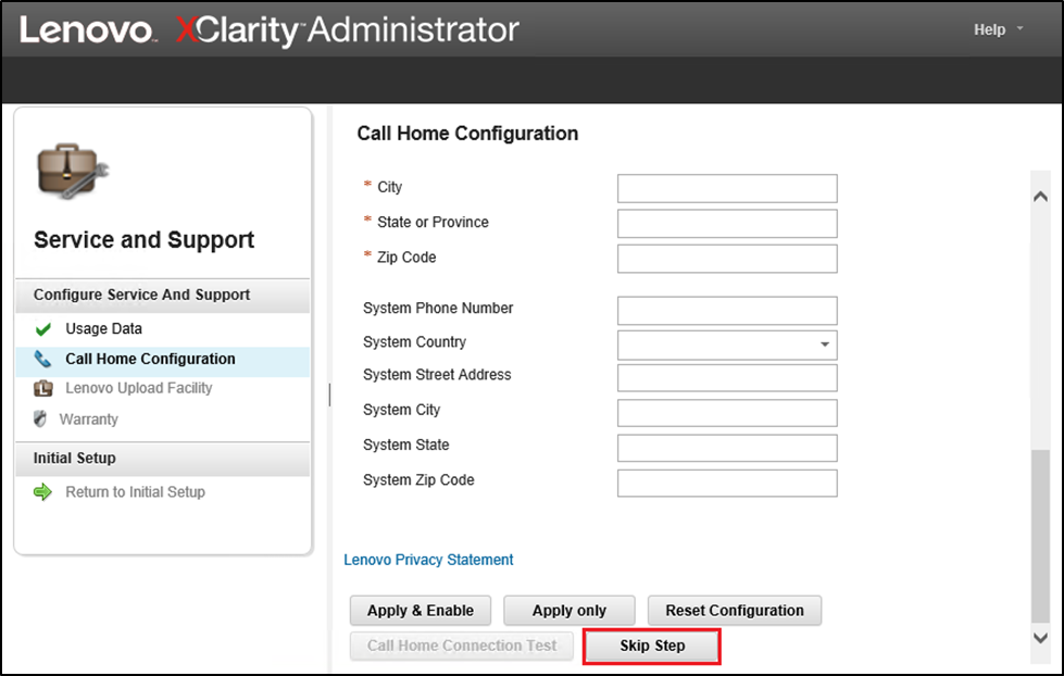 Screenshot of Service and Support Call Home Configuration tab