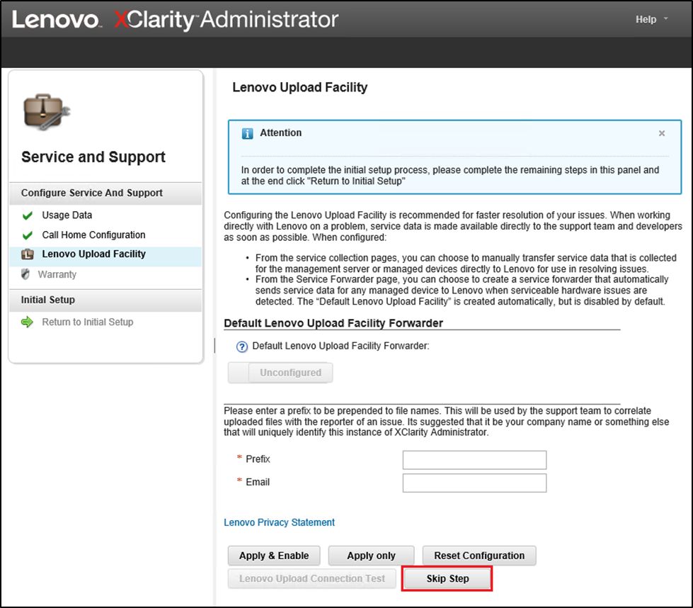 Screenshot of Service and Support Lenovo Upload Facility tab