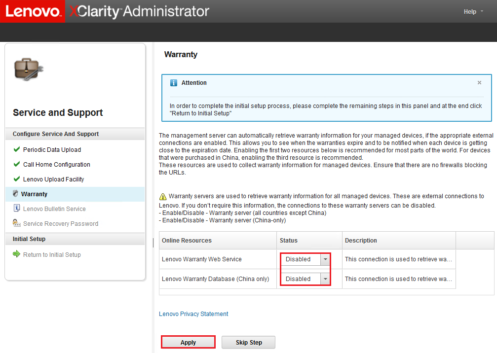 Screenshot of Service and Support Warranty tab