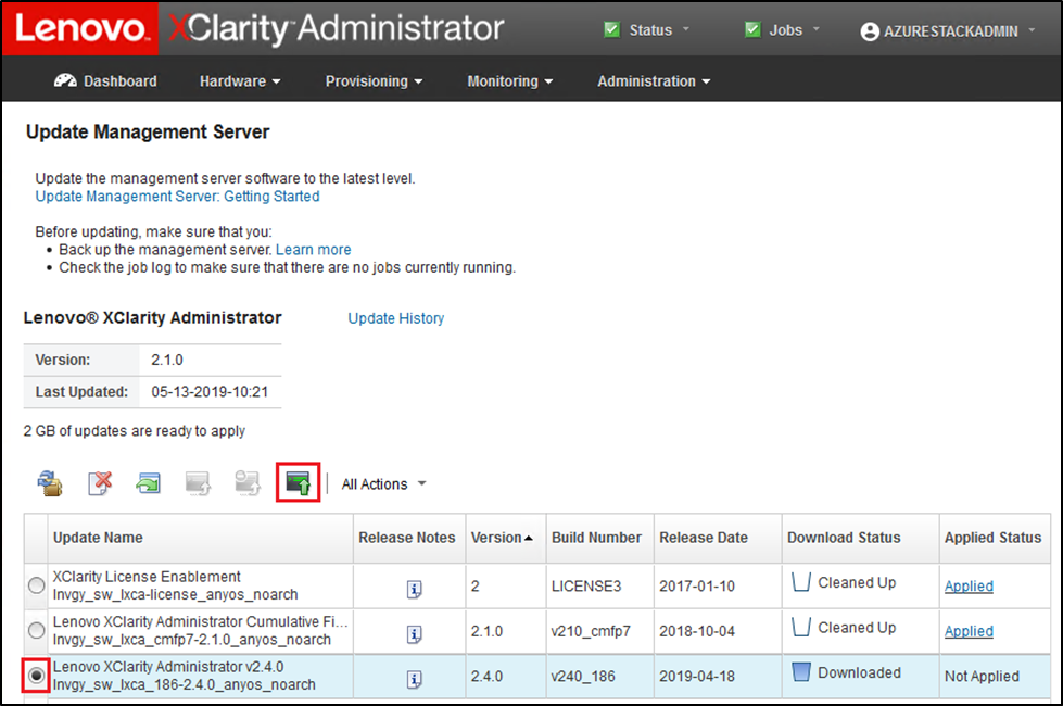 Screenshot of performing management server update
