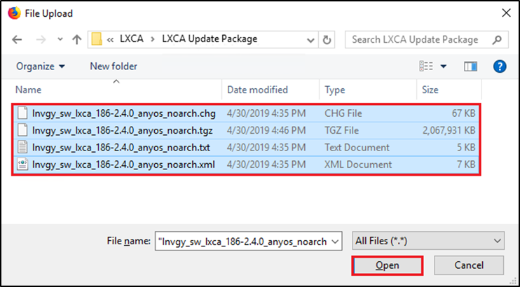 Screenshot of uploading LXCA update package