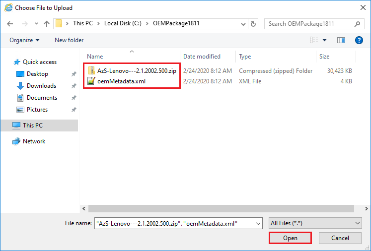 Screenshot of update package file selection in Hub Azure Stack admin portal