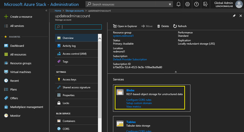 Screenshot of Blobs storage container location in Hub Azure Stack admin portal