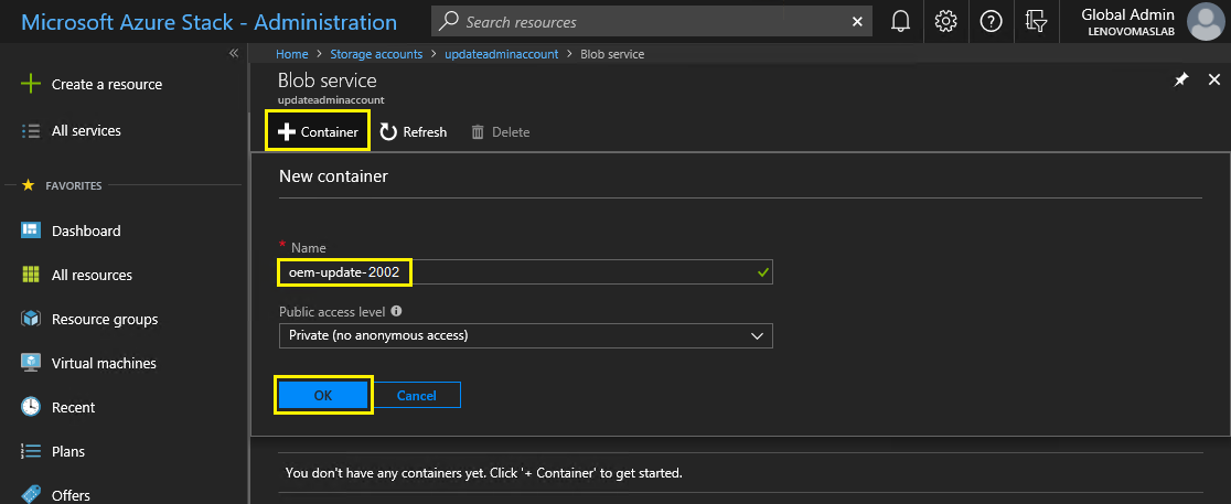Screenshot of the Add Container location in Hub Azure Stack admin portal
