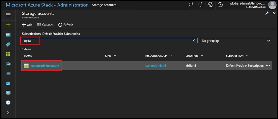 Screenshot of updateadminaccount storage container location in Hub Azure Stack admin portal
