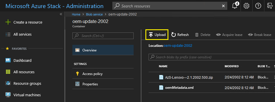 Screenshot of update package file upload in Hub Azure Stack admin portal