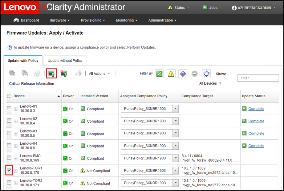 Screenshot of selecting TOR1 switch for update