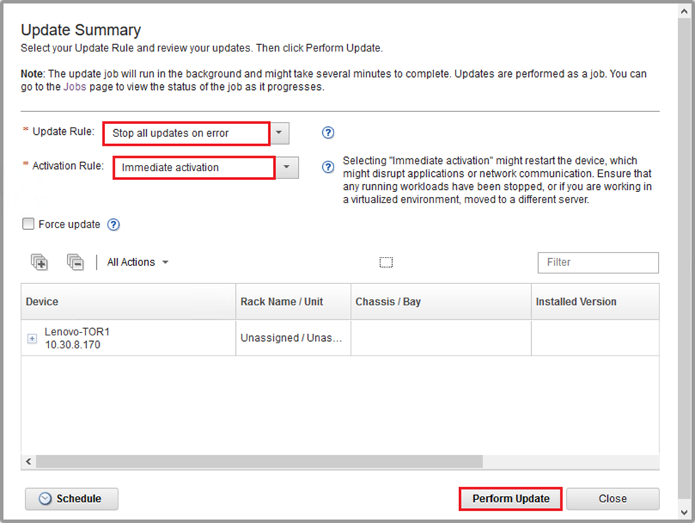 Screenshot of selecting options in the TOR1 Update Summary