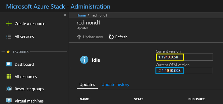 Screenshot of Azure Stack ハブ administration portal showing current versions