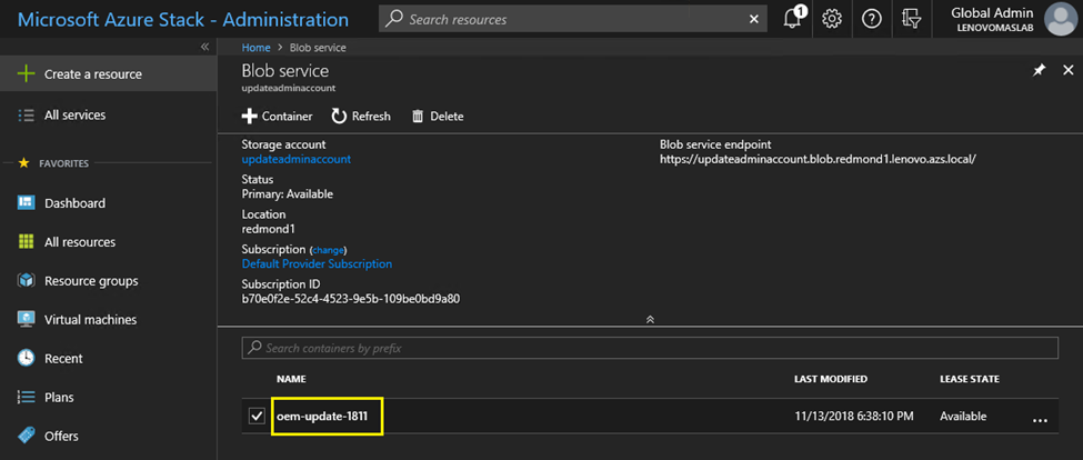 Screenshot of selected storage container in Azure Stack ハブ admin portal