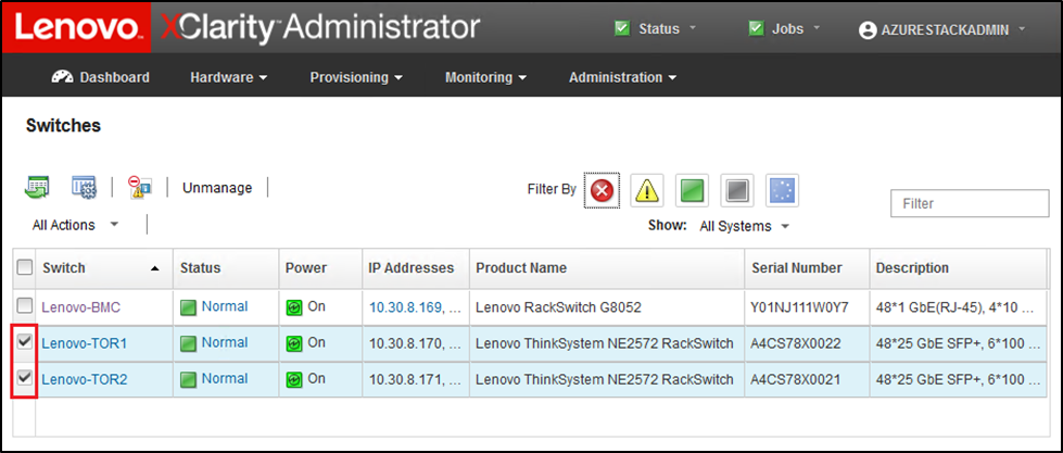 Screenshot of selecting both TOR switches in XClarity Administrator