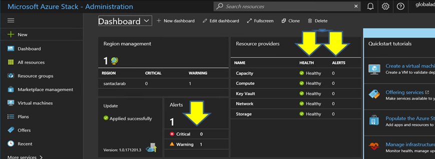 Screenshot of Azure Stack ハブ admin portal alerts notification area