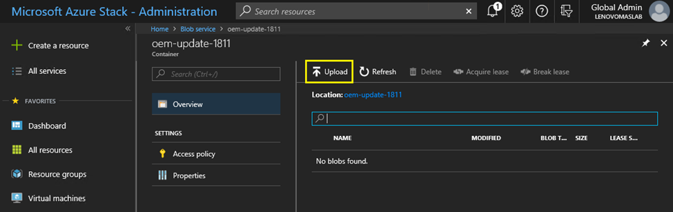 Screenshot of Upload control in Azure Stack Hub admin portal