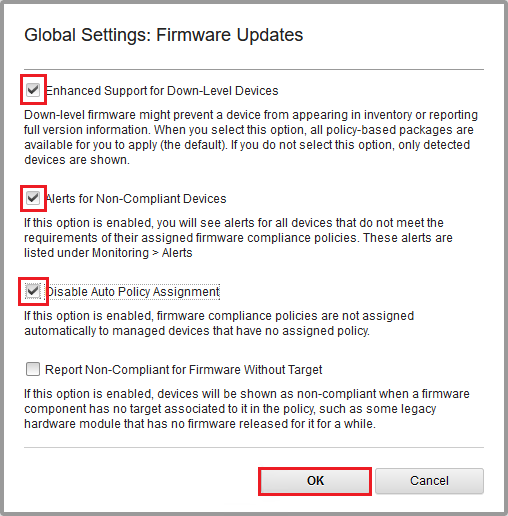 Screenshot of Global Settings: Firmware Updates window