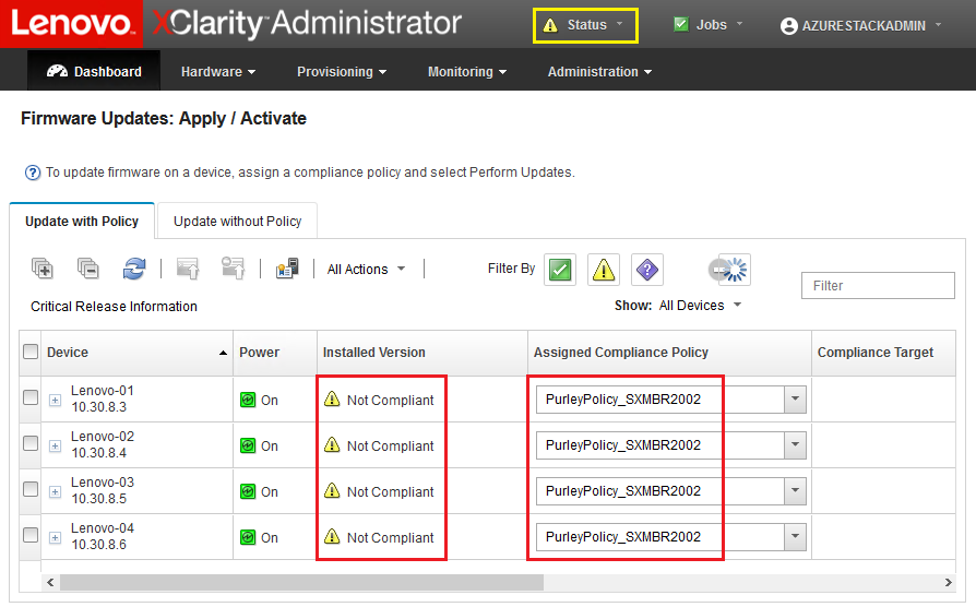 Screenshot of Firmware compliance policy showing noncompliant nodes and compliant switches