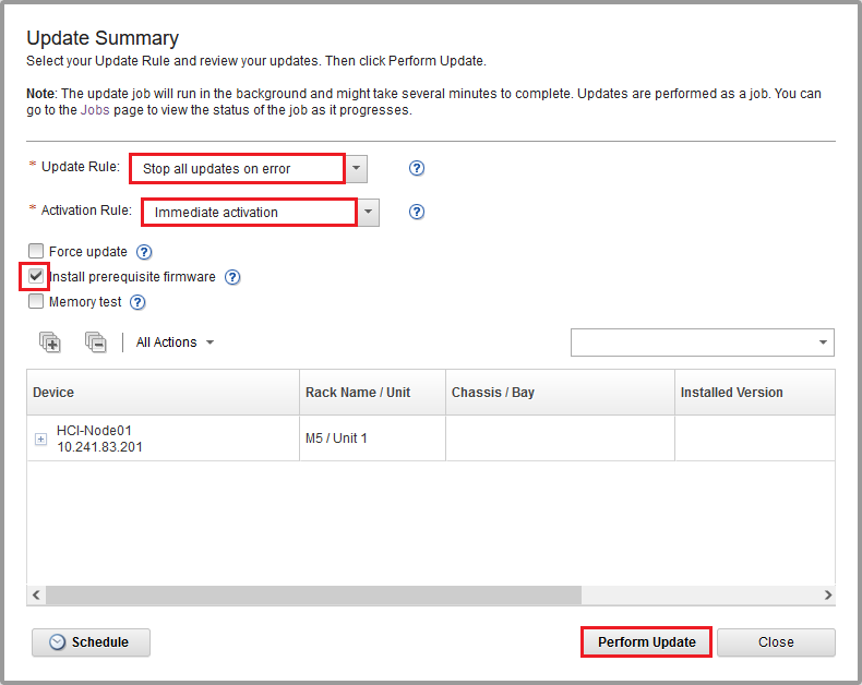 Screenshot of selecting BMC update and activation rules