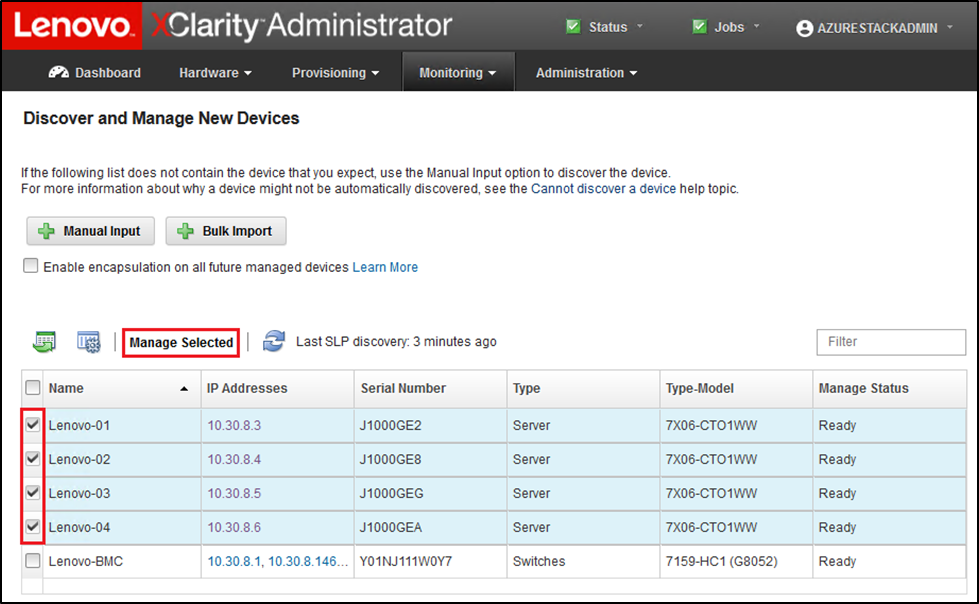 Screenshot of four nodes selected to be managed