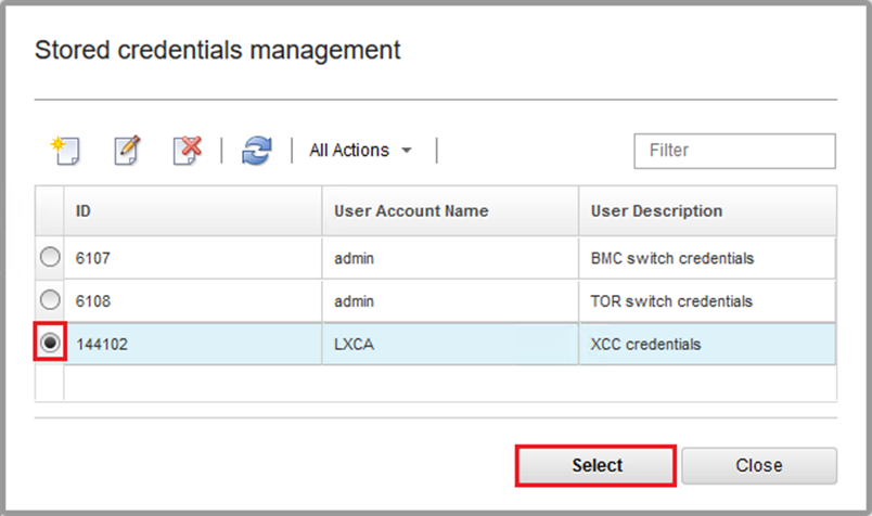 Screenshot of selecting new stored credential for management