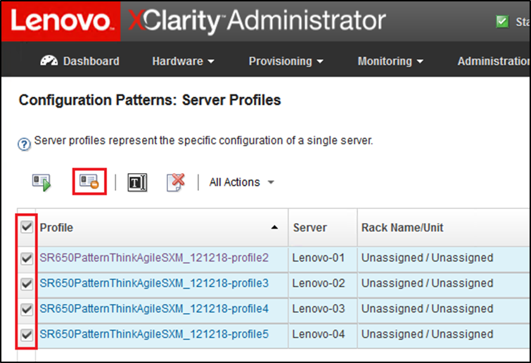 Screenshot of selected XClarity Administrator server profiles to deactivate
