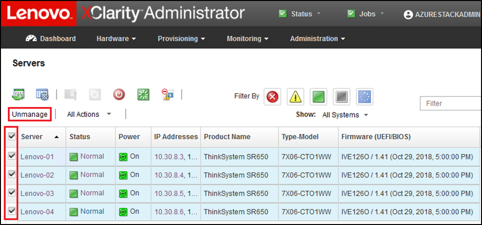 Screenshot of unmanaging nodes