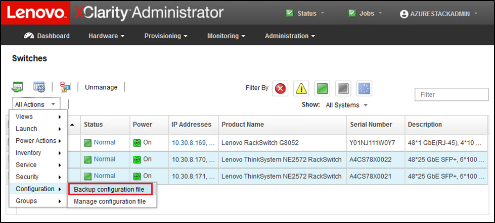 Screenshot of backing up the TOR configuration file in XClarity Administrator