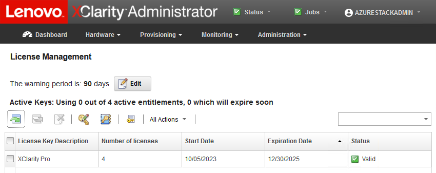 License Management page with valid LXCA Pro license shown