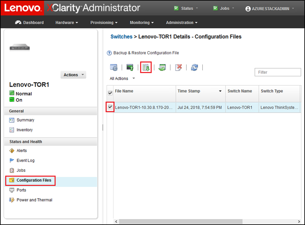 Screenshot of selecting backup configuration file to download from XClarity Administrator to local PC