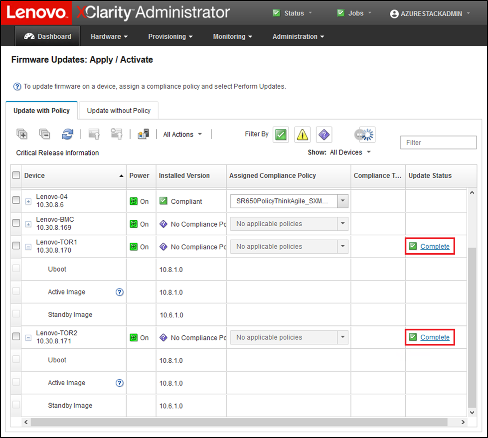 Screenshot of verifying that TOR switch firmware updates are complete