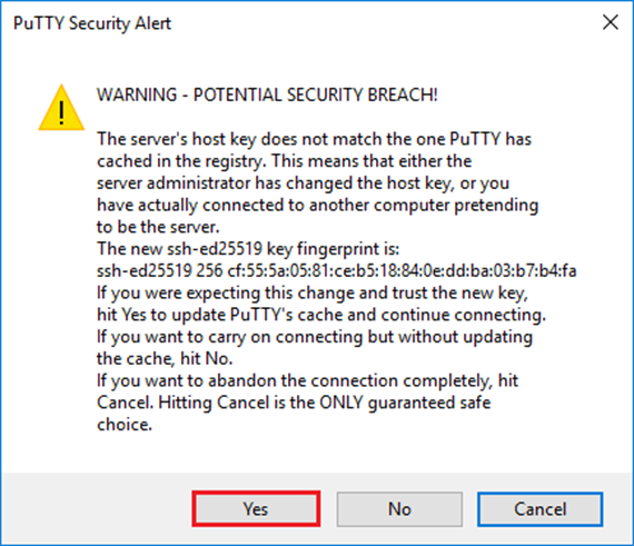 Screenshot of PuTTY security alert