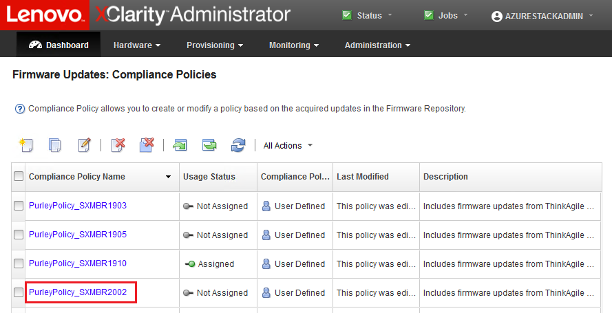 Screenshot of imported firmware compliance policy