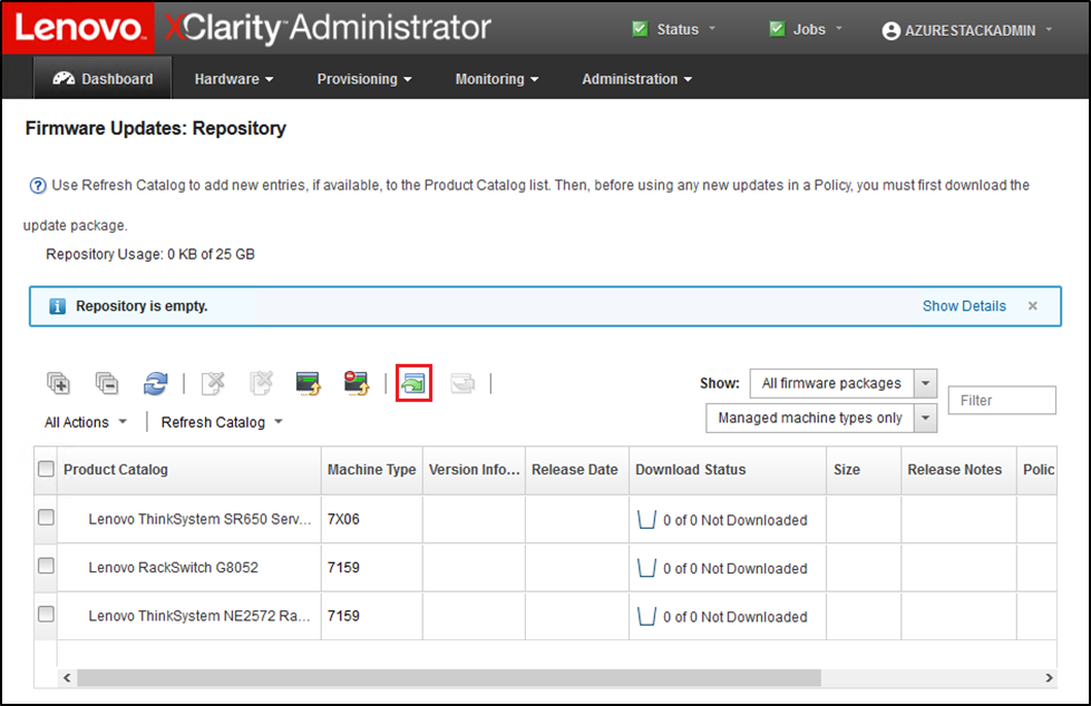 Screenshot of XClarity Administrator firmware update repository