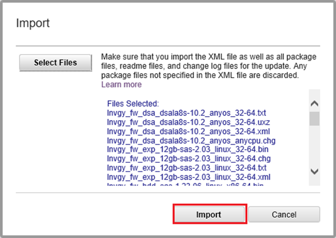Screenshot of selecting files for import