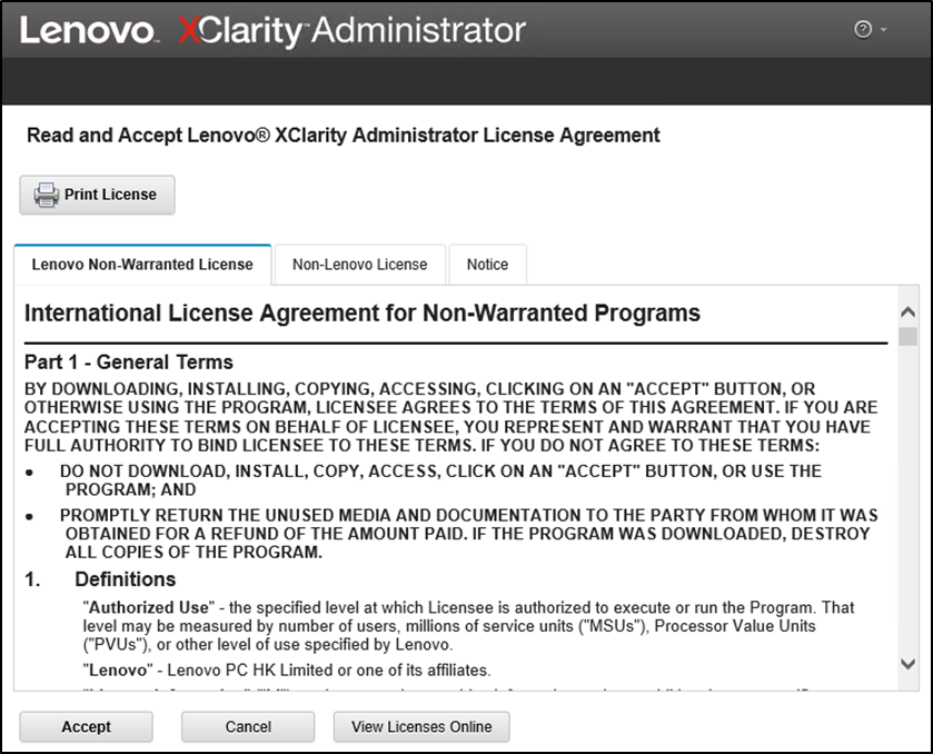 Screenshot of Read and Accept Lenovo XClarity Administrator License Agreement task window
