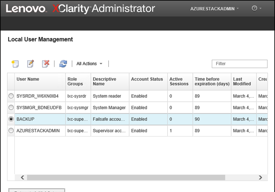 Screenshot of Local User Management window with backup user
