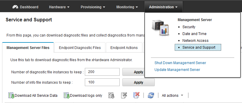 Image showingLenovo XClarity Administrator data download options