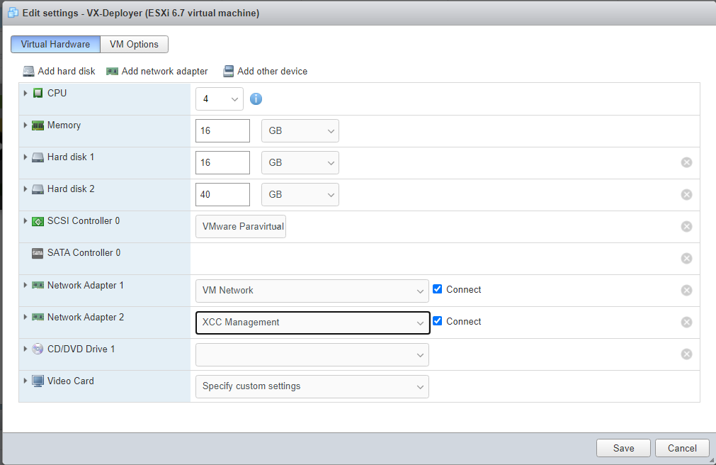 Screen Capture showing the VX Deployer network settings