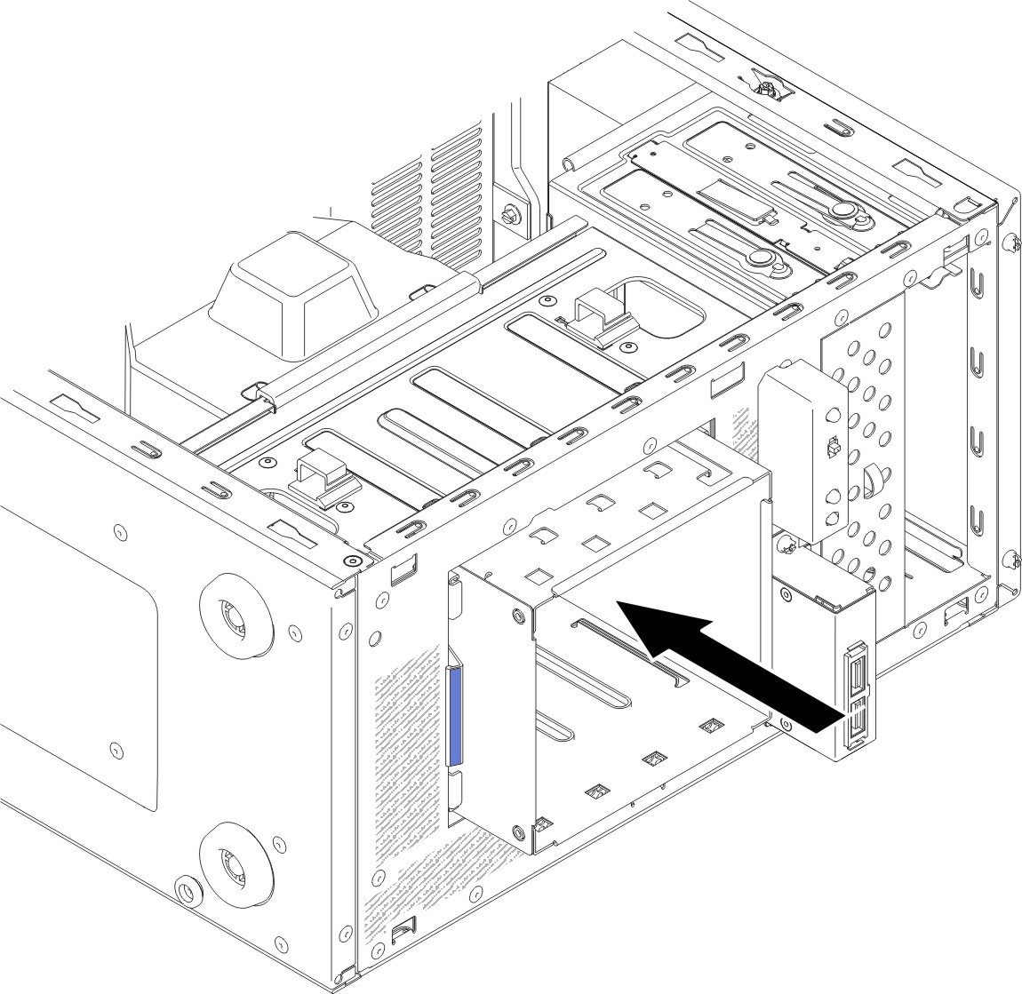Pushing hard disk drive cage into chassis for 4U server model with non-hot-swap power supplies
