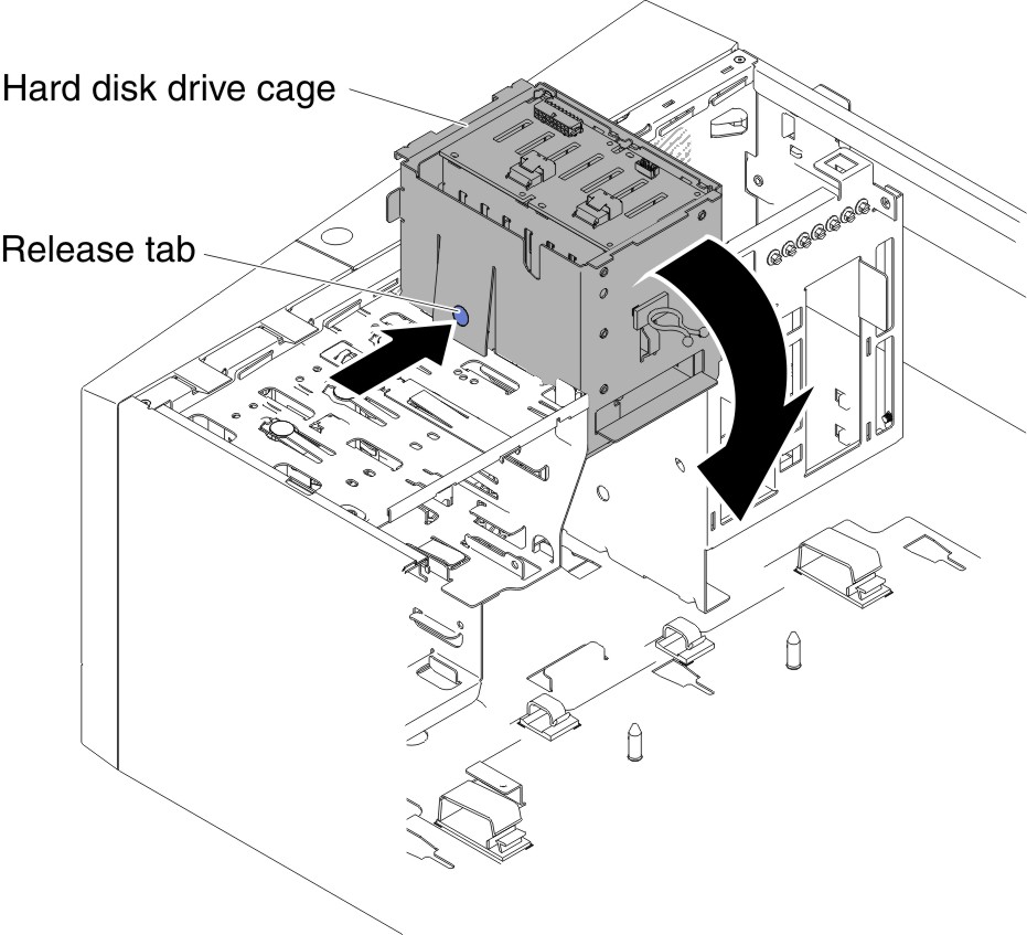 Rotating hard disk drive cage into chassis for 5U server model with hot-swap power supplies