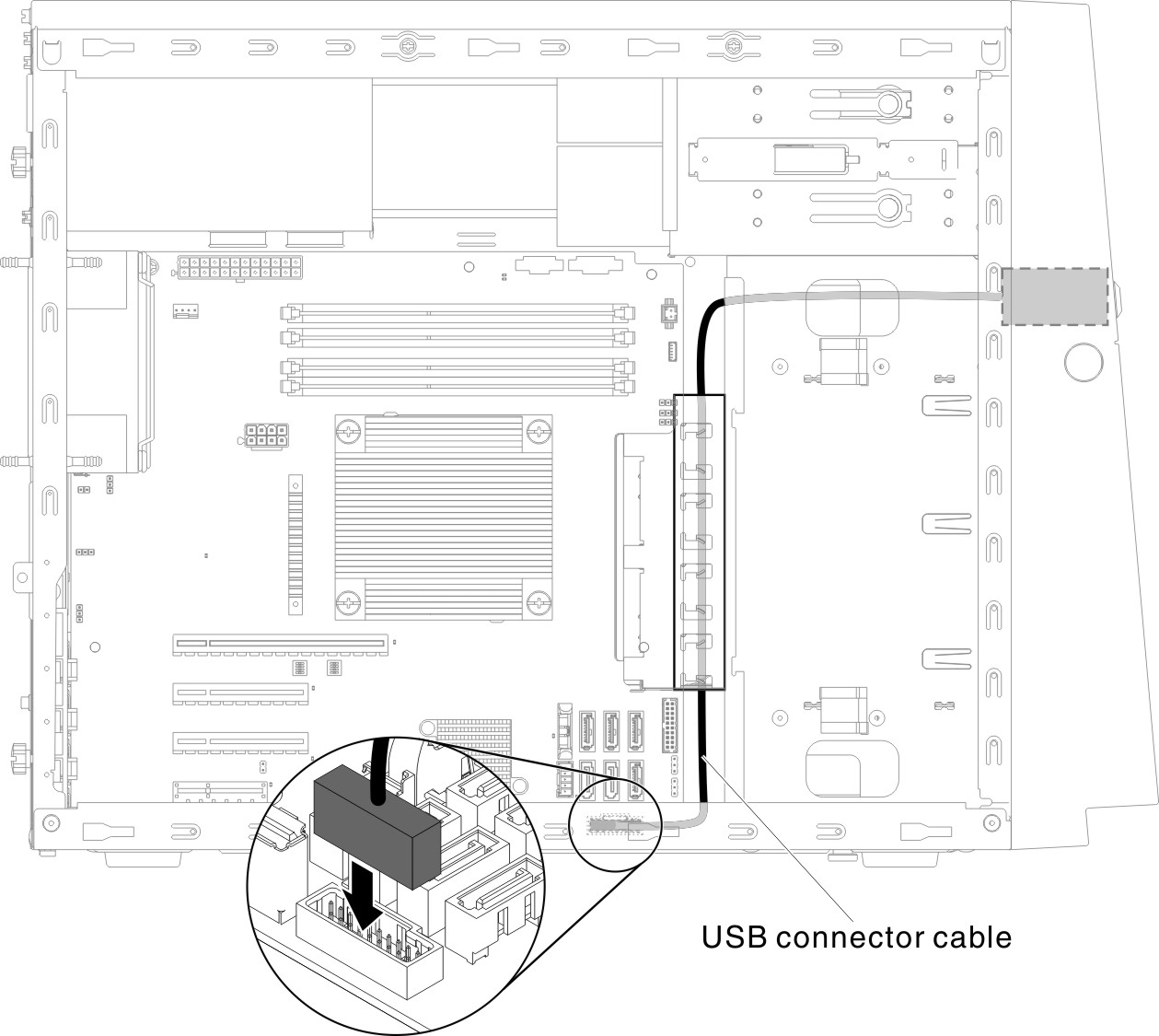 Front USB cable installation for 4U server model with non-hot-swap power supplies