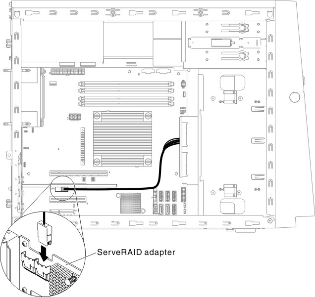 Hard disk drive signal cable connection to SAS connector on adapter for 4U server model with non-hot-swap power supplies