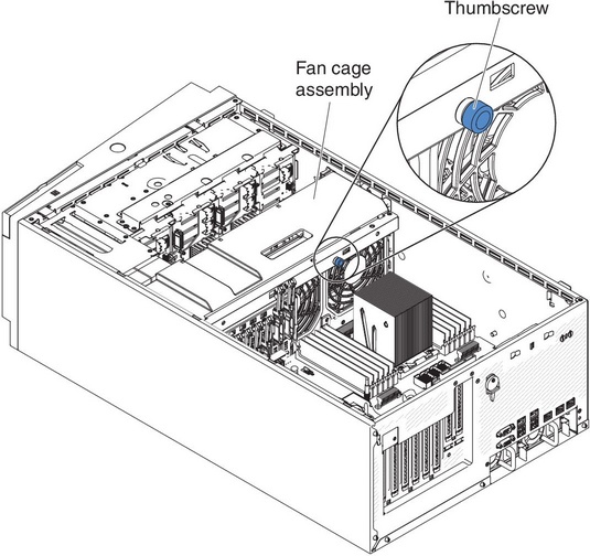 Loosen thumb screw on fan cage