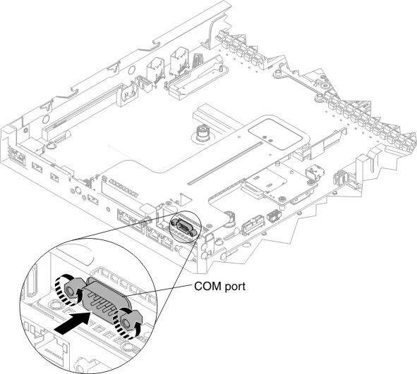 COM port bracket connector insertion into PCIe riser 2 assembly