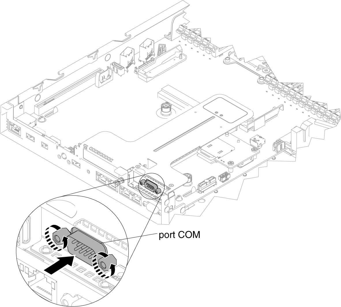 Insertion du connecteur du support de port COM dans l'assemblage de cartes mezzanines PCIe 2
