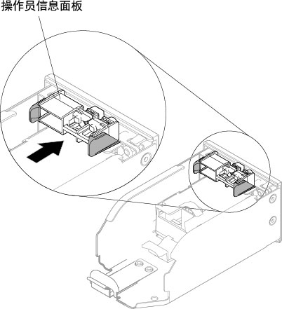 在 10 x 2.5 英寸热插拔硬盘服务器配置中将操作员信息面板组合件装入介质安装架